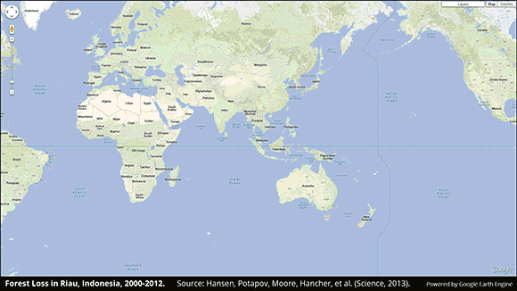 Raudona spalva žymi plotus, kuriuose per 2000-2012 išnyko miškai. indonezija, Sumatra. Riau provincija. Hansen, Potapov, Moore, Hancher et al., 2013